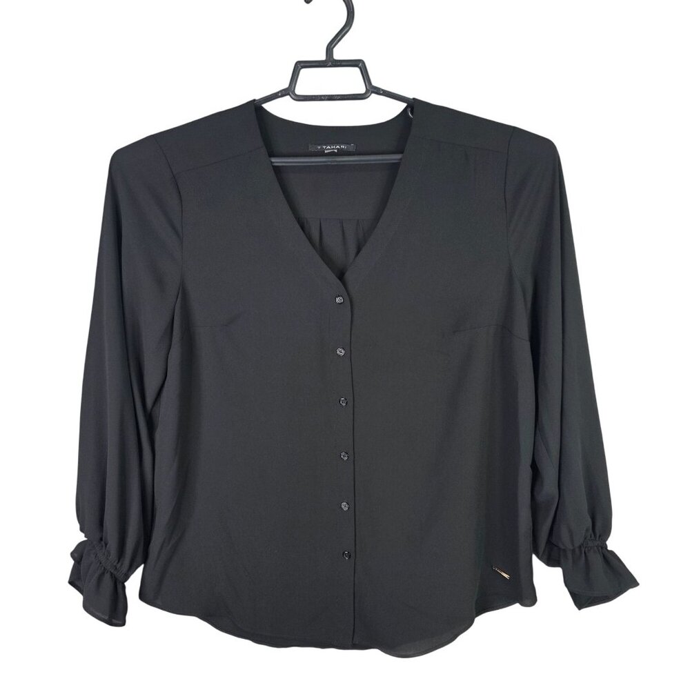 Womens Tahari Black Blouse V-Neck Button Down Long Sleeves Polyester Size XL
